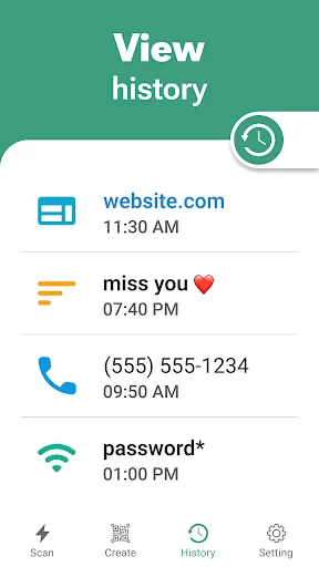 Scan history tracker showing list of scanned items with timestamps including websites, messages, and phone numbers