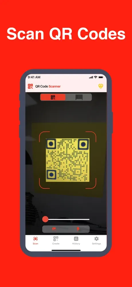 QR Code Scanner app live camera view detecting yellow QR code with red guides for instant iOS barcode scanning