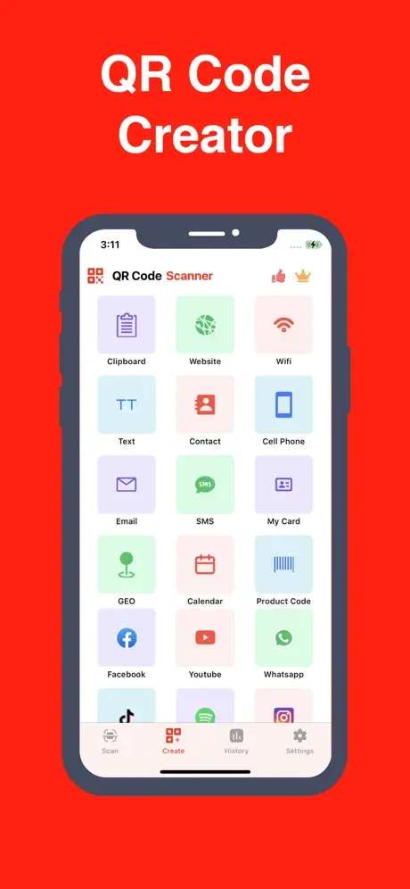 QR Code Creator menu showing 15+ QR code type options: Website, WiFi, Contact, Email, Calendar, SMS, and social media