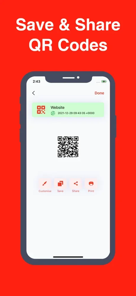 Generated QR code details screen with timestamp and action buttons: Customize, Save, Share, and Print options