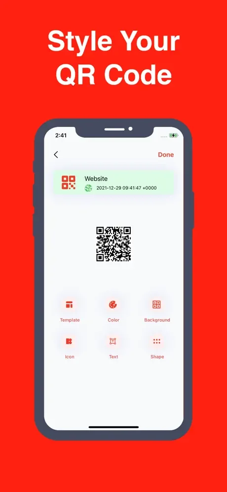 QR Code customization panel with Template, Color, Background, Icon, Text, and Shape styling and personalization tools