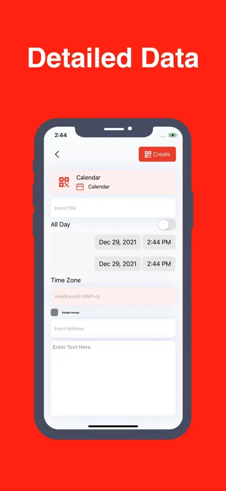 Calendar QR code creation form with event title, all-day toggle, date-time selection, time zone, and address fields