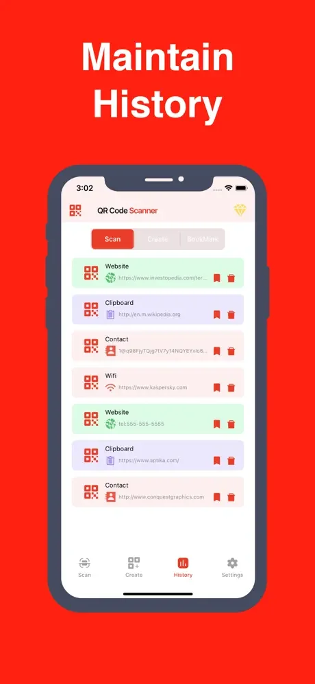 QR Code history list showing scanned and created codes with details, bookmark flags, and delete icons for each entry