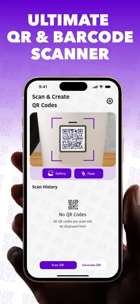 My QR Scanner home interface with camera preview, scan frame guide, Gallery and Flash buttons, and scan history tracker