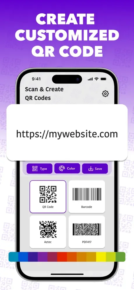 Customize QR codes and barcodes with Type and Color options; preview QR Code, Barcode, Aztec, and PDF417 format variations