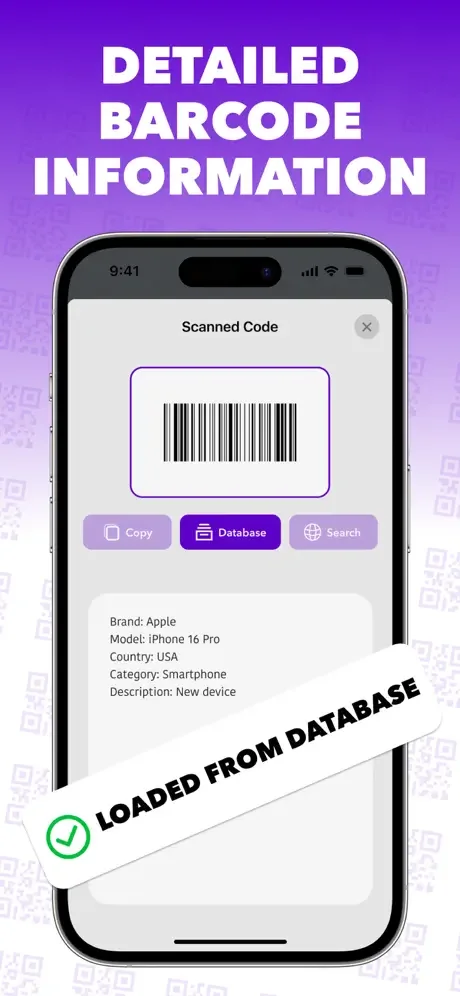 Barcode information screen showing Copy, Database, and Search features with detailed product data loaded from database