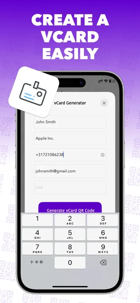 vCard contact generator with form fields for Name, Company, Phone, Email to create contact QR codes for easy sharing