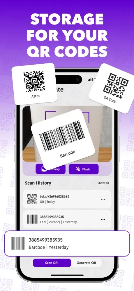 Scan history library showing saved QR codes and barcodes with date tracking and quick access to scan or generate functions