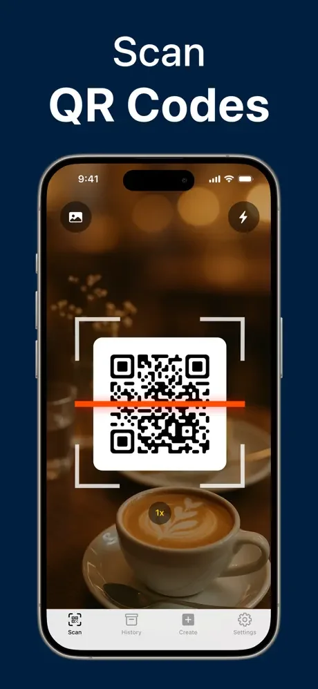QR code scanner app showing live camera feed with QR code in scanning frame and red laser indicator