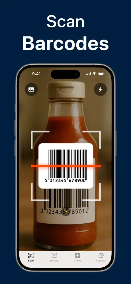 Barcode scanner interface capturing product barcode with camera and red laser focus line