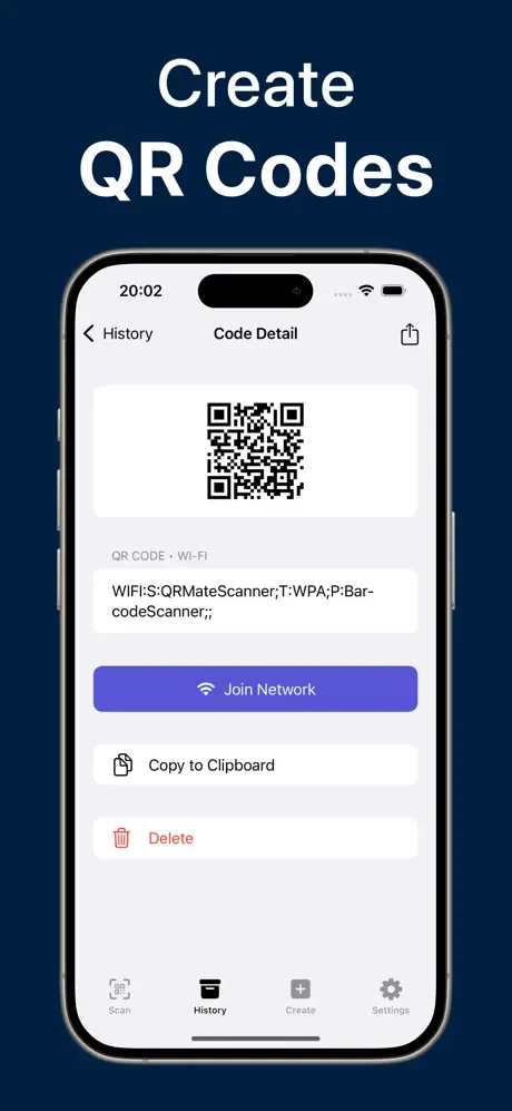 QR code details screen displaying scanned Wi-Fi network code with join network and copy options