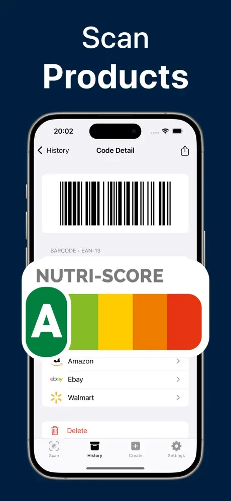 Product barcode scan results showing EAN-13 code, Nutri-Score nutrition rating, and retailer links