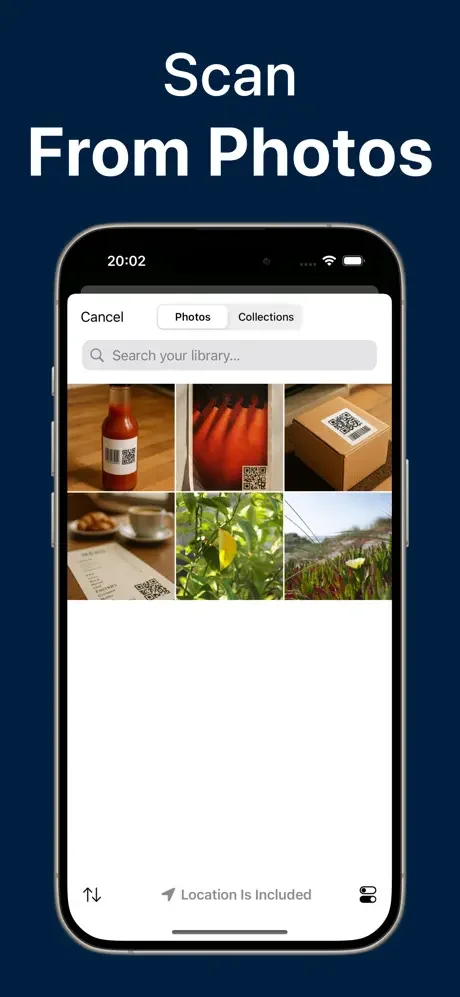 Photo library picker interface for selecting images containing QR codes or barcodes to scan