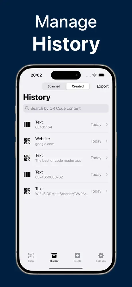 Scan history list displaying text, website, and barcode codes with search and export functionality