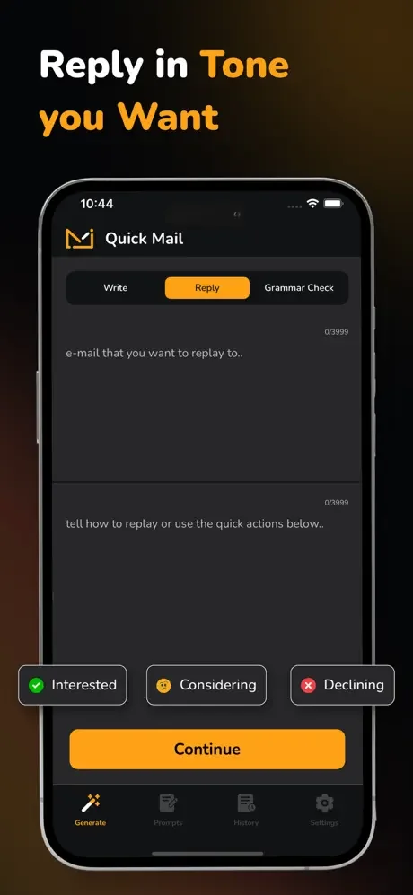 Email reply interface showing tone customization with quick response buttons: Interested, Considering, and Declining