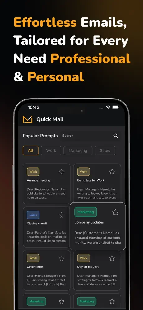 Email template library displaying Popular Prompts categorized by Work, Marketing, Sales with favorite star options