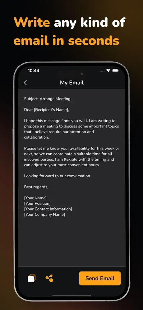 Professional email draft preview titled 'My Email' with subject line, full message body, and Send Email button