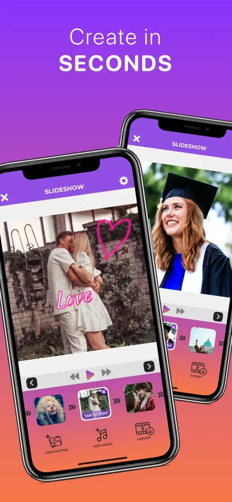 Slideshow Maker interface with photo preview, playback controls, and quick options to add photos, music, and export video