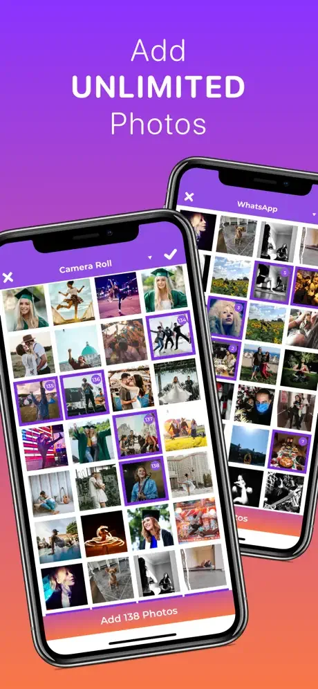 Photo selection grid displaying unlimited photos from Camera Roll and social apps to add to slideshow creation