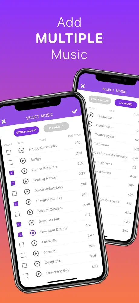 Music selection interface showing Stock Music and personal library with songs available to add to slideshow