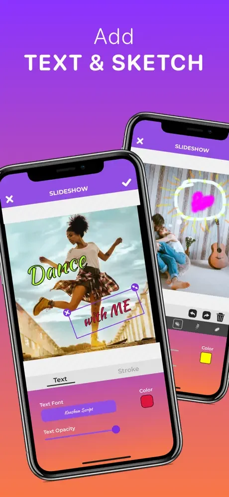 Text and sketch editor allowing custom text with font, color, and opacity controls for slideshow photos