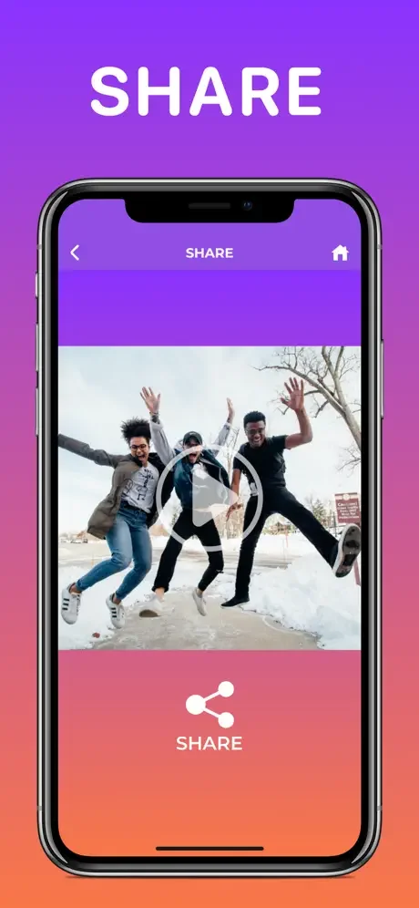 Slideshow completion and share interface with video preview and options to distribute to social apps