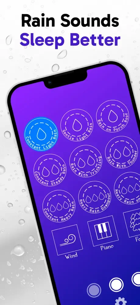 Rain Sounds Sleep Better app home screen with multiple customizable rain sound buttons and nature sound categories for sleep and relaxation