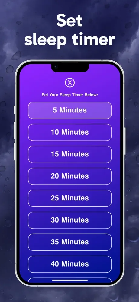 Sleep timer settings screen with duration options from 5 to 40 minutes to auto-stop rain sounds and fall asleep peacefully