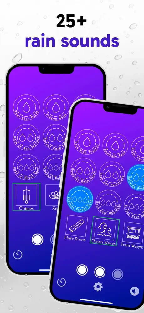 25+ rain sounds library showcasing diverse nature sounds and sound categories available in Rain Sounds Sleep Better app