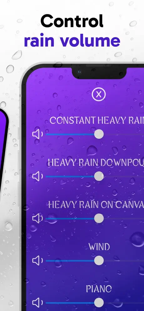 Volume control interface with individual sliders to adjust rain, wind, and piano sound levels for customized audio mixing