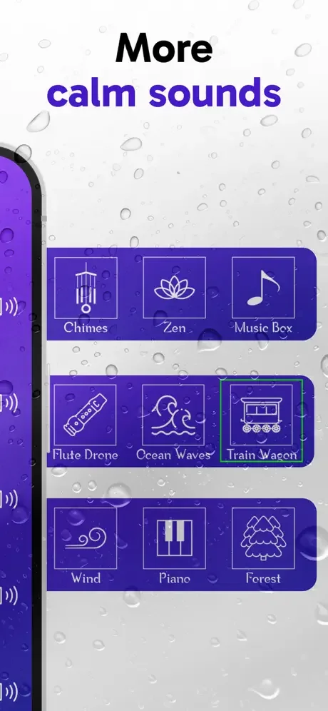 Additional calm sounds collection featuring Chimes, Zen, Music Box, Ocean Waves, Train Wagon, and Forest nature sounds