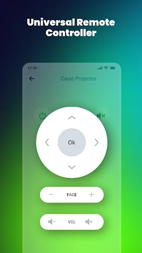 Casio projector universal remote with circular navigation dial, OK button, and volume/page controls