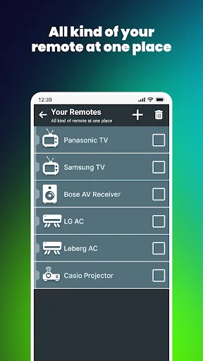 Your Remotes list with saved devices: Panasonic TV, Samsung TV, Bose receiver, LG AC, Leborg AC, projector