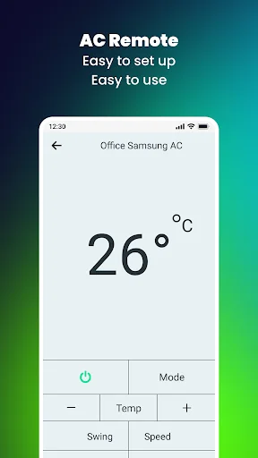 Samsung AC remote showing 26°C temperature with mode, power, temperature adjustment, swing, and speed buttons