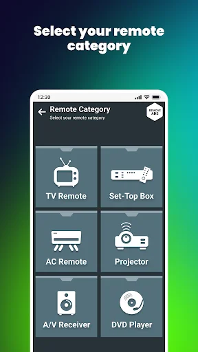 Select remote category screen: TV Remote, Set-Top Box, AC Remote, Projector, A/V Receiver, DVD Player