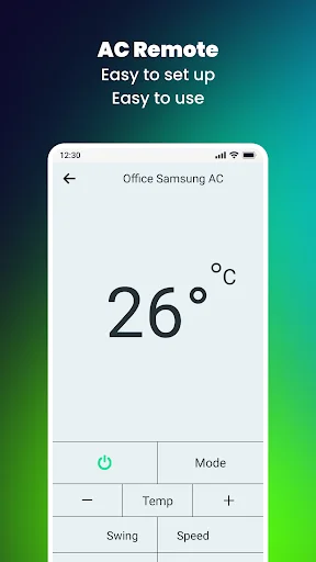 Samsung AC remote showing 26°C temperature with mode, power, temperature adjustment, swing, and speed buttons