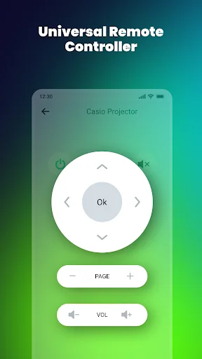 Casio projector universal remote with circular navigation dial, OK button, and volume/page controls