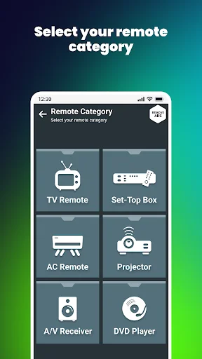 Select remote category screen: TV Remote, Set-Top Box, AC Remote, Projector, A/V Receiver, DVD Player