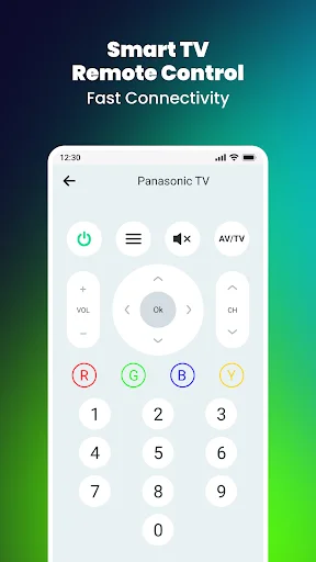 Smart Panasonic TV remote with power, menu, mute, volume, number keypad, and colored quick buttons