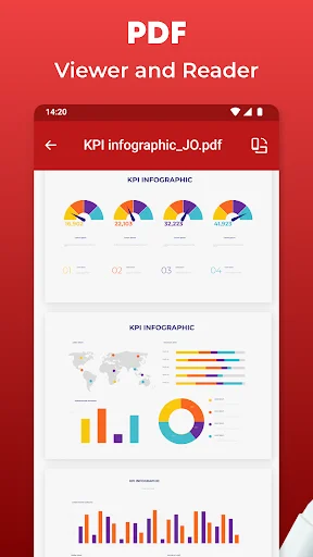 PDF viewer app displaying infographic with pie charts, bar graphs, donut chart, and data analytics visualizations