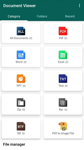 Office Reader document organizer with category tabs showing PDF, Word, Excel, PPT, Text, Zip, Rar, RTF file types