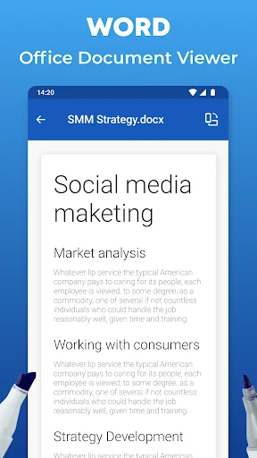 Word document viewer showing formatted business document with text about social media marketing strategy