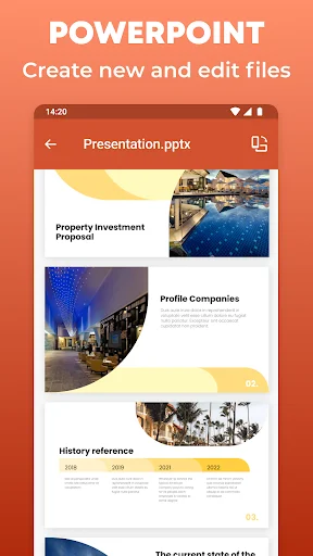 PowerPoint presentation viewer displaying slides with images, text blocks, and yellow section dividers