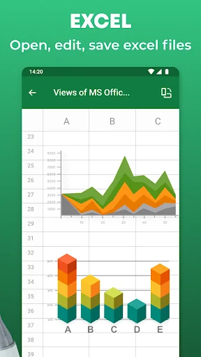 Excel spreadsheet viewer with data tables and area charts plus 3D column chart visualizations