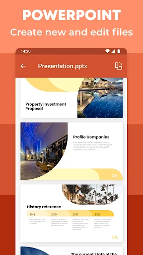 PowerPoint presentation viewer displaying slides with images, text blocks, and yellow section dividers