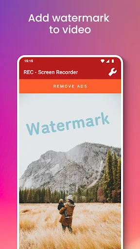 REC video recorder watermark editor adding text overlay to nature landscape footage with mountain scenery and editing tools