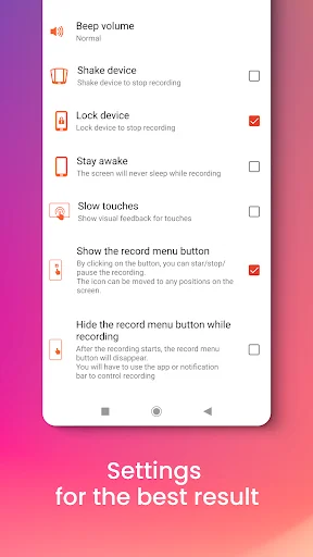 REC screen recorder customizable settings panel with beep volume, device lock, wake lock, slow touches, and recording menu options