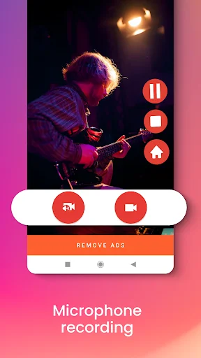 REC screen recorder microphone recording feature displaying musician video with pause, play, and recording control buttons