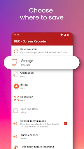 Screen recorder save location menu showing storage, orientation, bitrate, resolution, and internal audio recording settings options