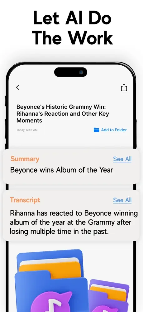 AI-powered summary and transcript view with automatic content extraction from recorded audio for productivity